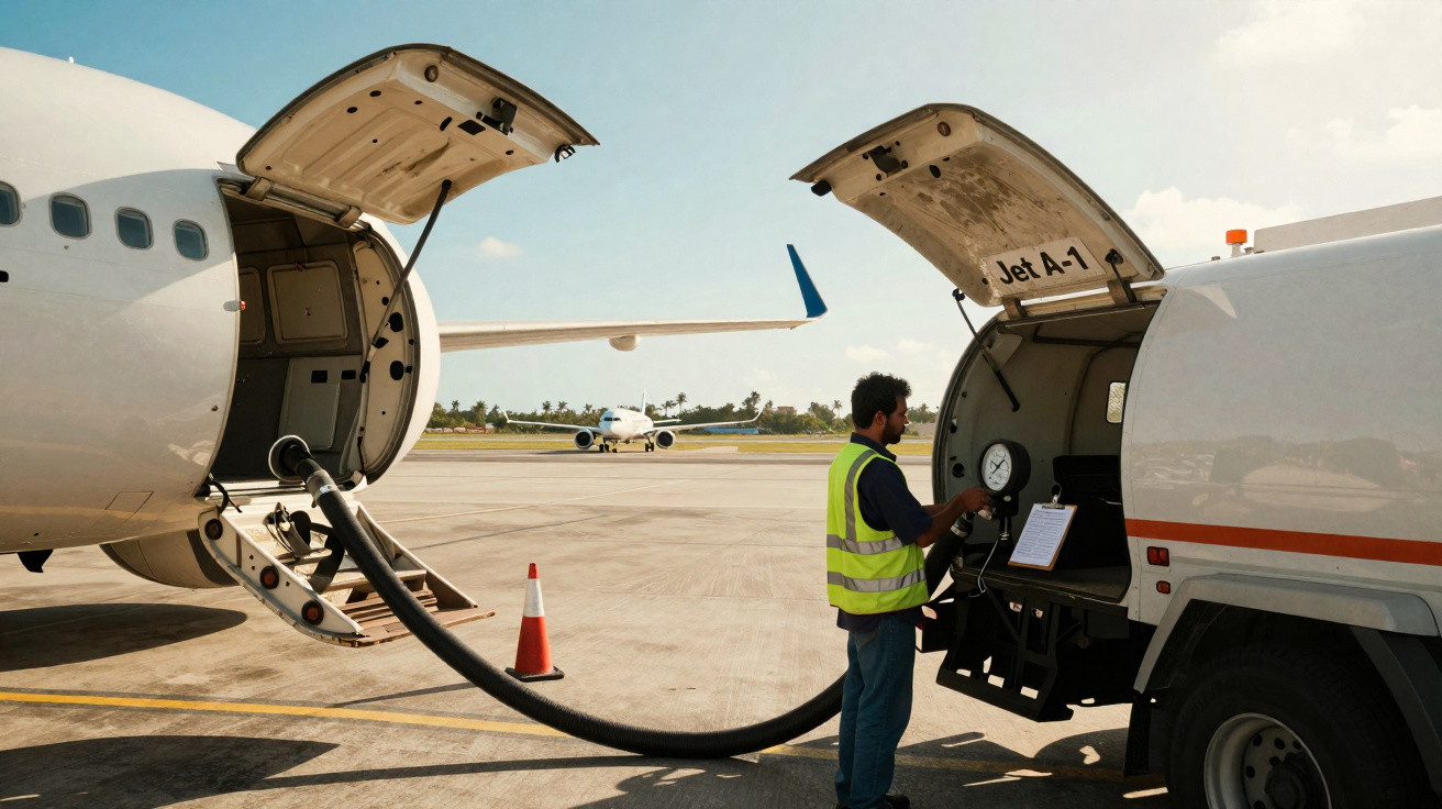 Ground crew refuelling a commercial airplane with Jet A-1 fuel on the airport tarmac under clear sky.