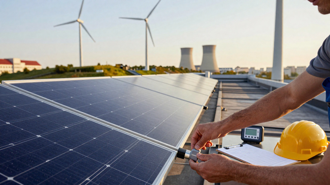 Person inspecting solar panels on a rooftop with wind turbines and cooling towers in the background at sunset.