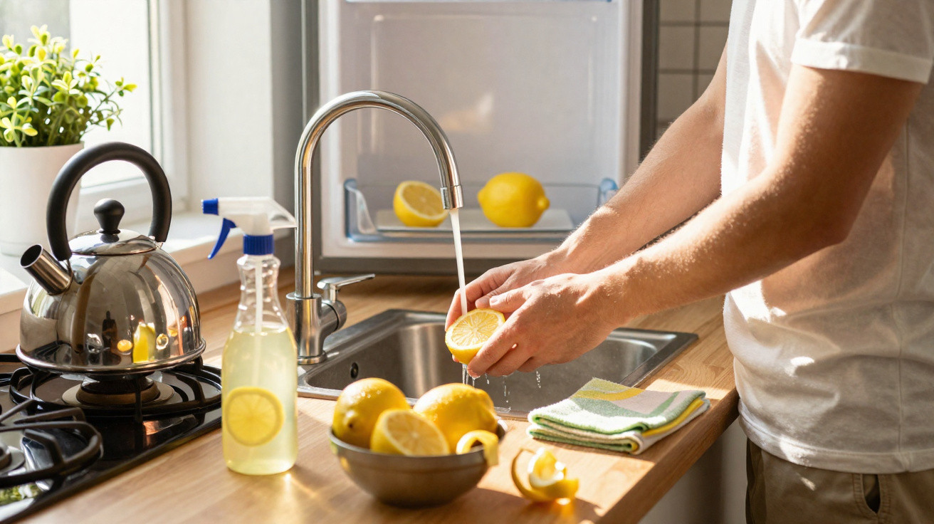 Person washing a lemon half under a kitchen tap with lemons and a kettle on the countertop.