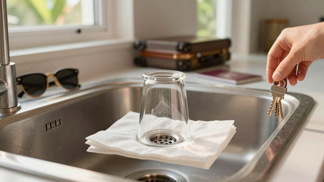Hand holding keys over kitchen sink with upside-down glass on paper towel next to a pair of sunglasses.