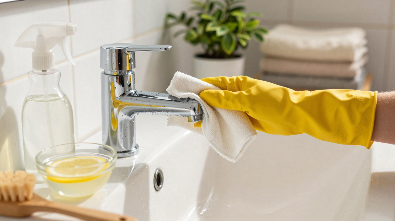 Hand wearing yellow glove cleaning chrome bathroom tap with white cloth over white sink.