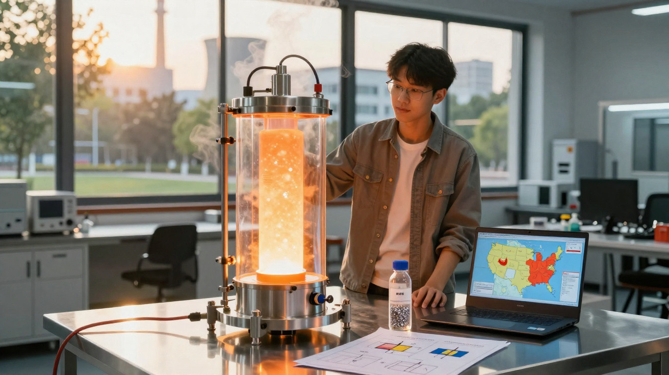 Scientist in protective glasses working with glowing cylindrical reactor in laboratory with laptop and charts on table.