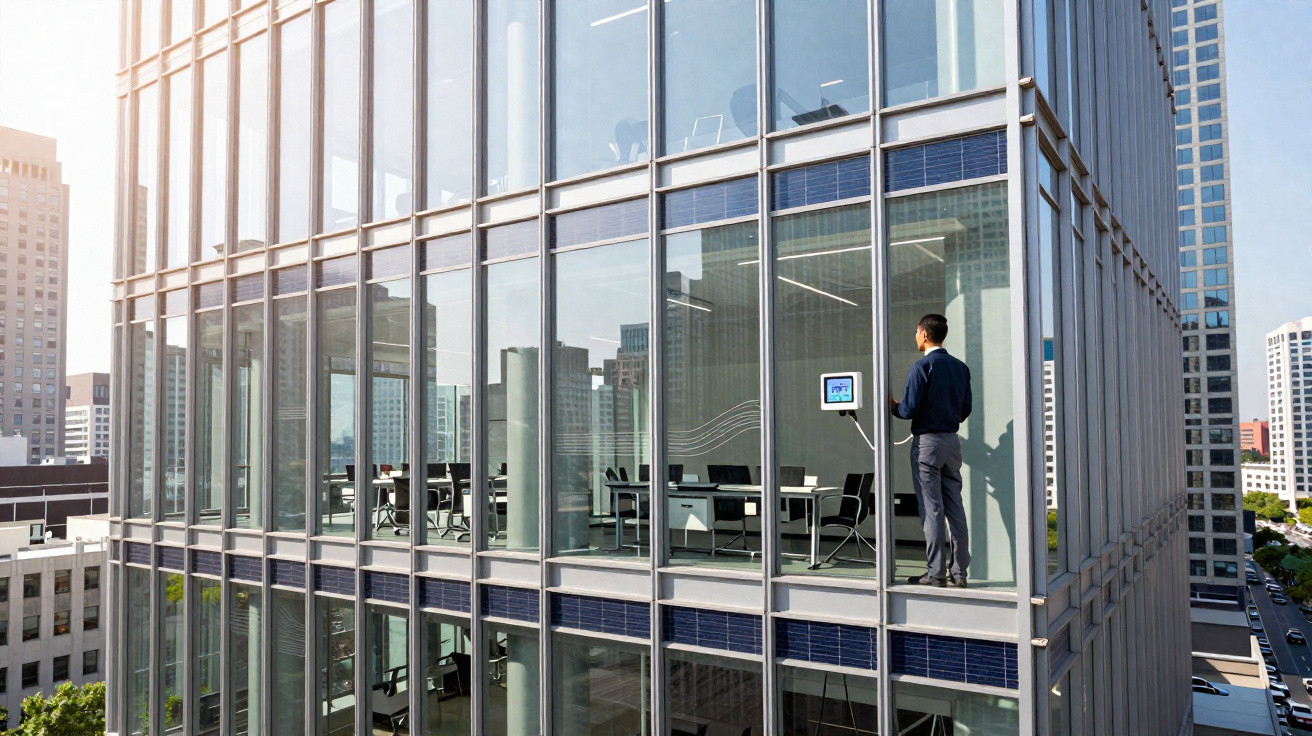 Man standing inside modern glass office building looking at a wall-mounted digital screen with city skyline visible.
