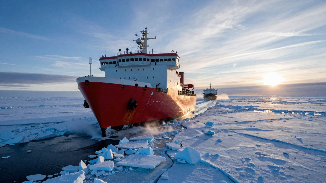 Red icebreaker ship cutting through Arctic sea ice at sunset with a second ship following behind.