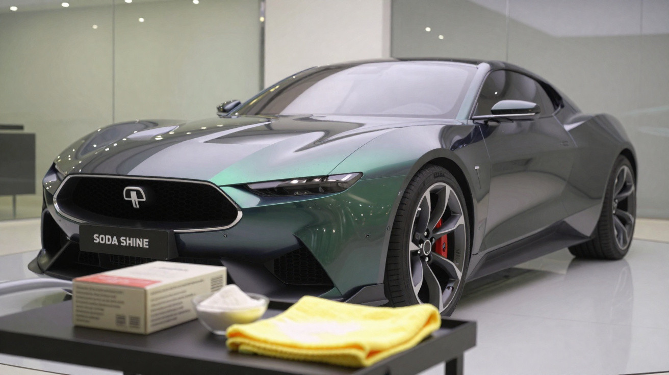 Glossy dark green luxury sports car in showroom with cleaning supplies on table in foreground