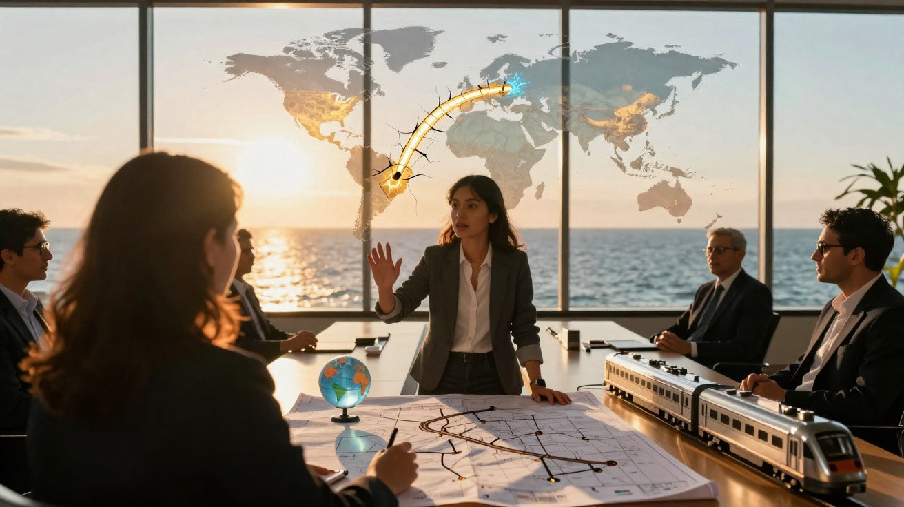 Business meeting with five people discussing a map and train model by the ocean at sunset.