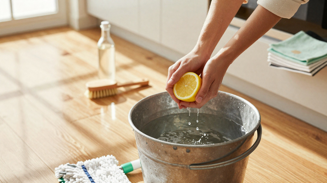 Hands squeezing a lemon over a metal bucket filled with water on a wooden floor with cleaning supplies nearby.