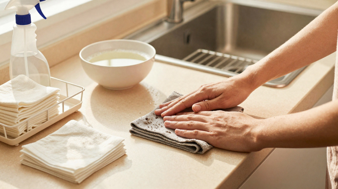 Person cleaning kitchen countertop with cloth, spray bottle, and cleaning supplies nearby by the sink