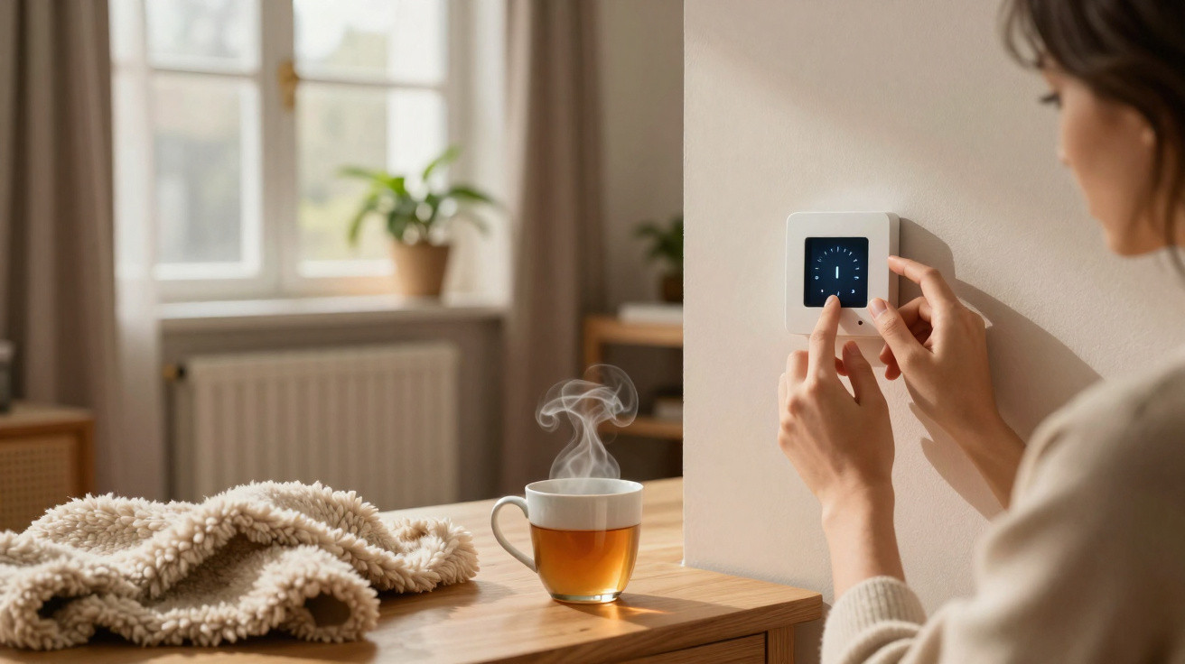 Person adjusting a wall thermostat in a cosy room with a steaming cup of tea on the table.