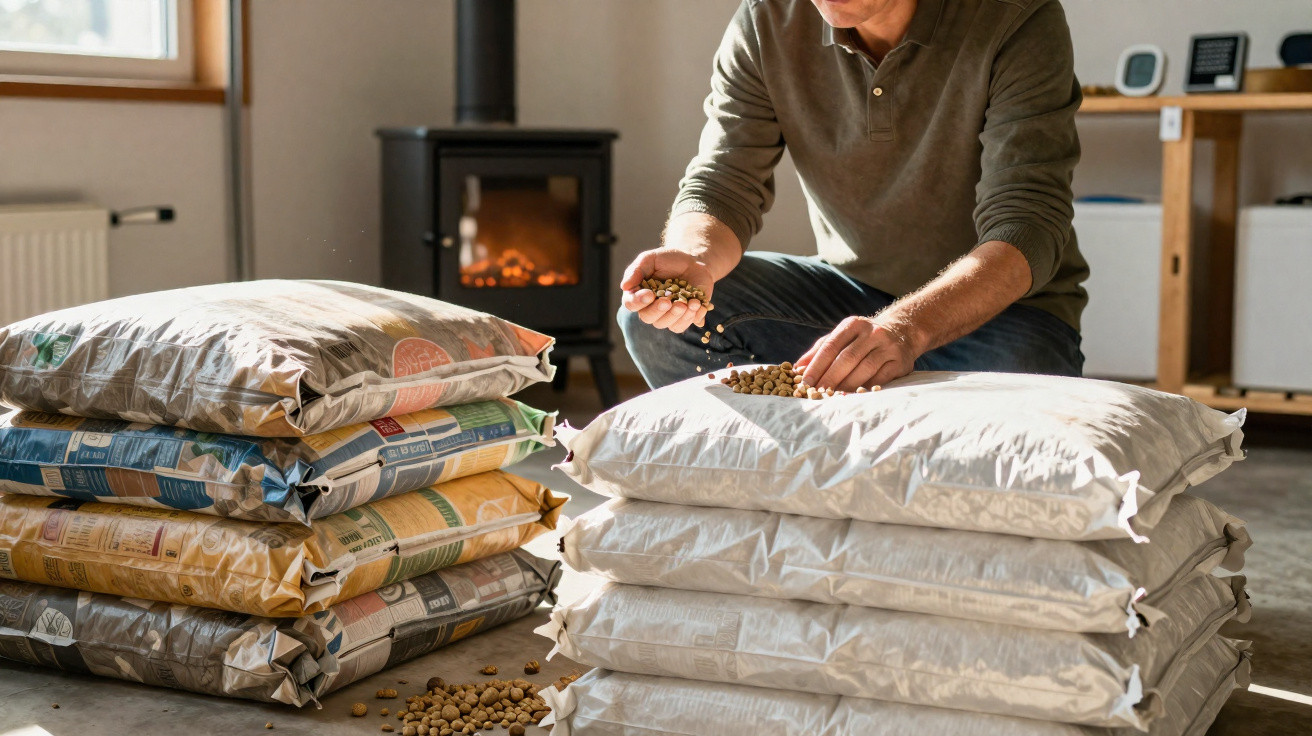 Person sorting or inspecting large sacks filled with dried food or pellets in a warm, indoor setting.