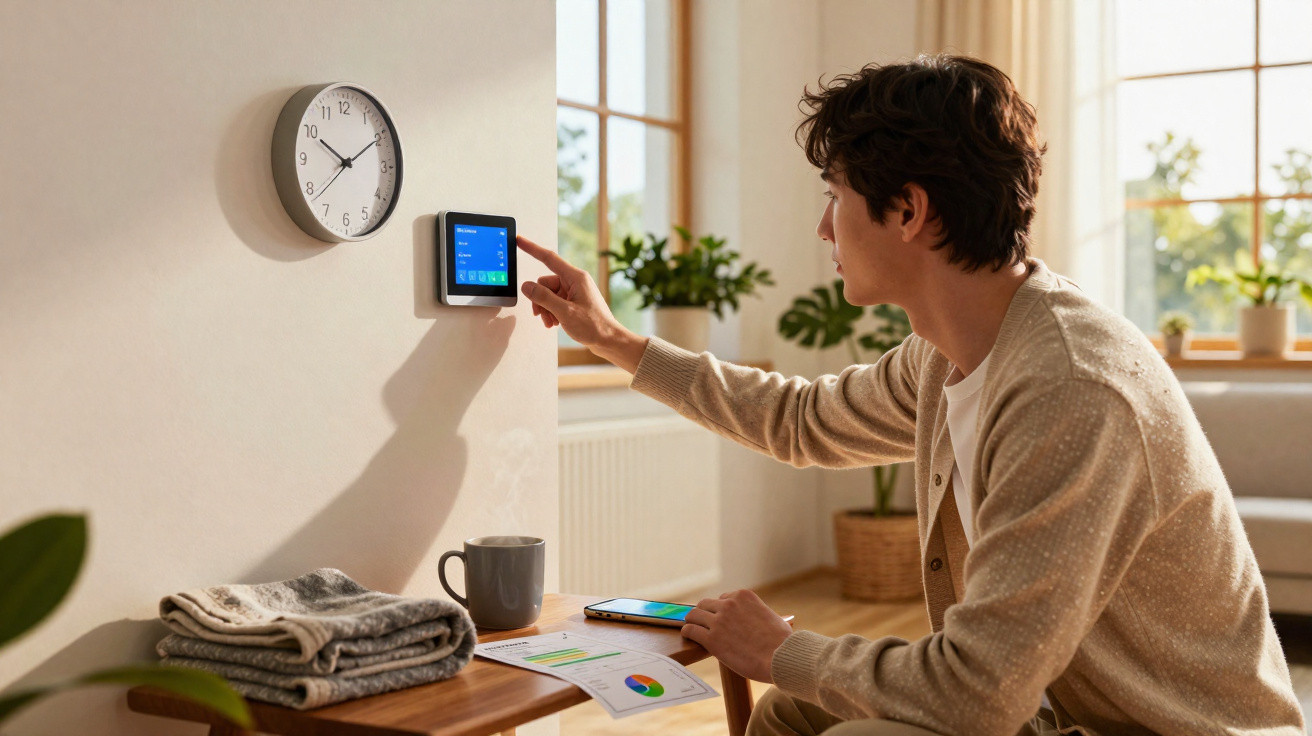 Man adjusting a smart thermostat on a wall in a sunlit room with a clock, coffee mug, and papers nearby.