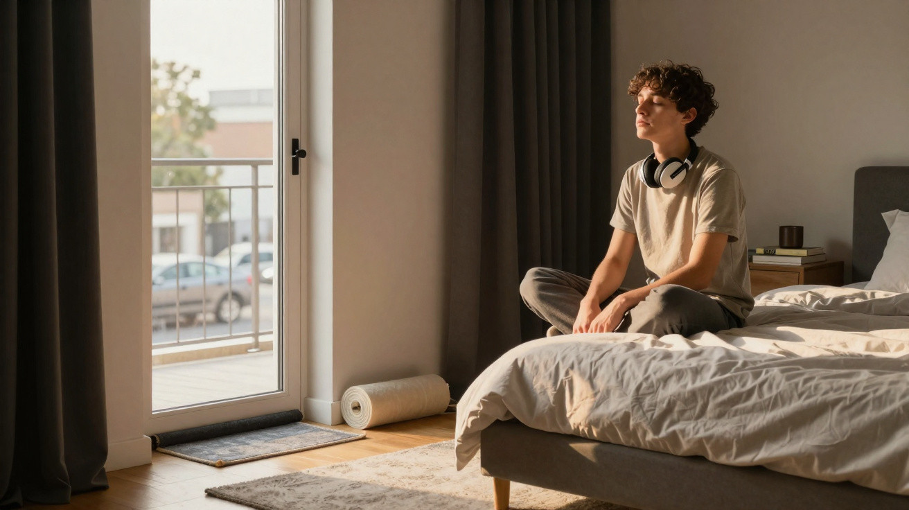 Young man with headphones around his neck sitting cross-legged on a bed by a sunlit window in a bedroom.