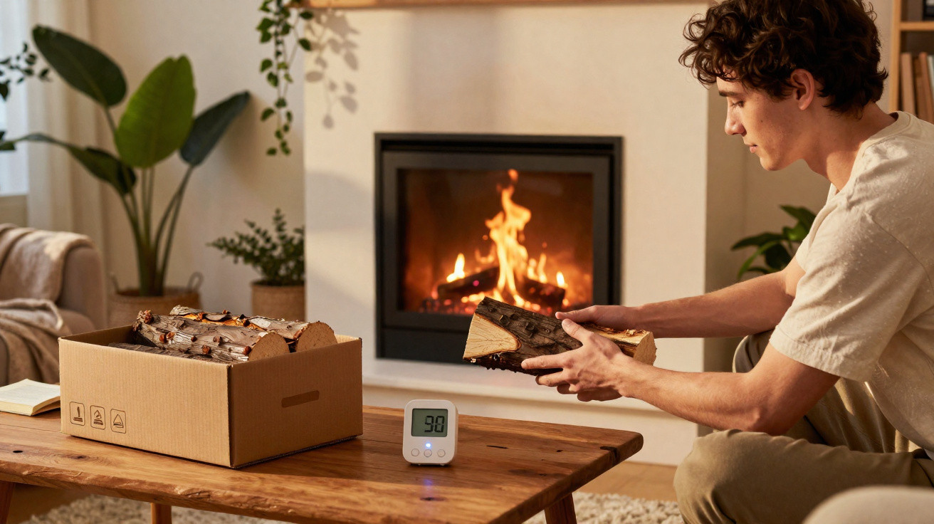 Person placing firewood into a burning fireplace in a cosy living room with plants and a timer on the table.