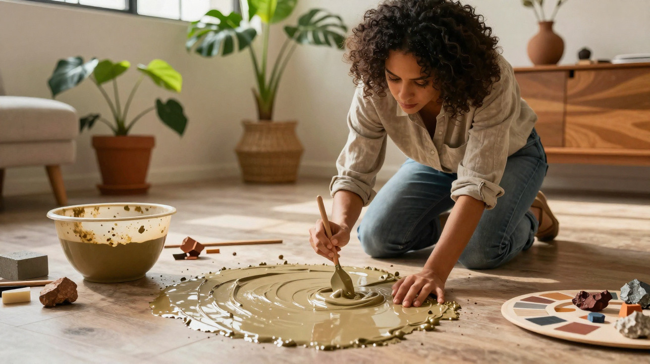 Woman kneeling on floor painting large circular abstract art with a brush in a bright, plant-filled room.