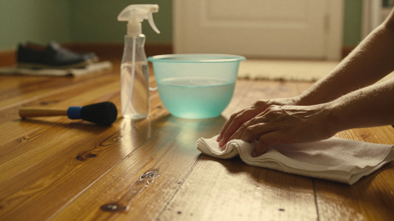 Person cleaning wooden floor with cloth, spray bottle, brush, and bowl of water nearby.