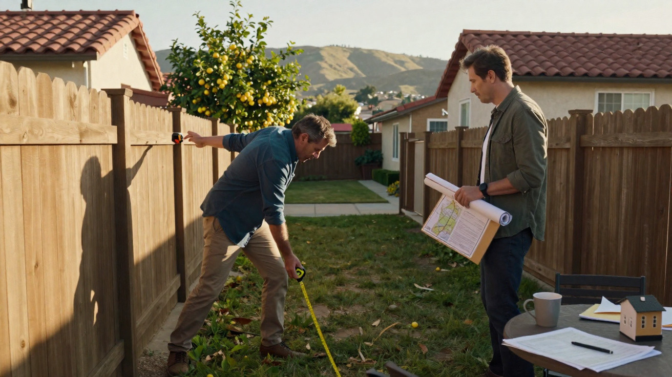 Two men measuring a backyard between wooden fences with house plans and tools nearby.