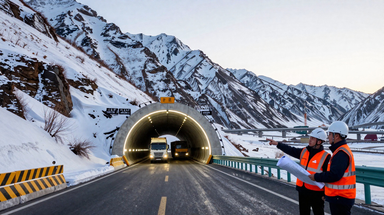 Snow-covered mountain tunnel with two vehicles exiting and two construction workers in safety gear reviewing plans.