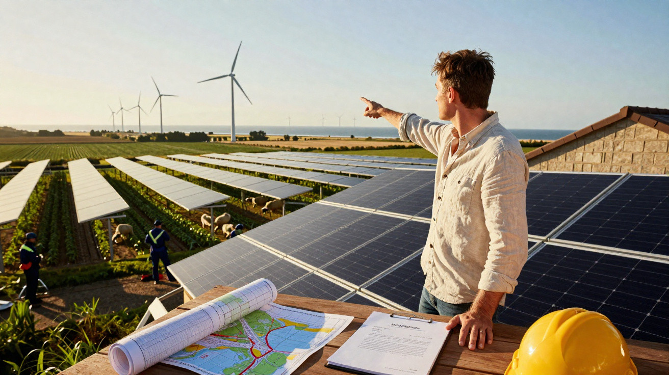 Man pointing towards wind turbines at a solar panel farm with workers and blueprints nearby.