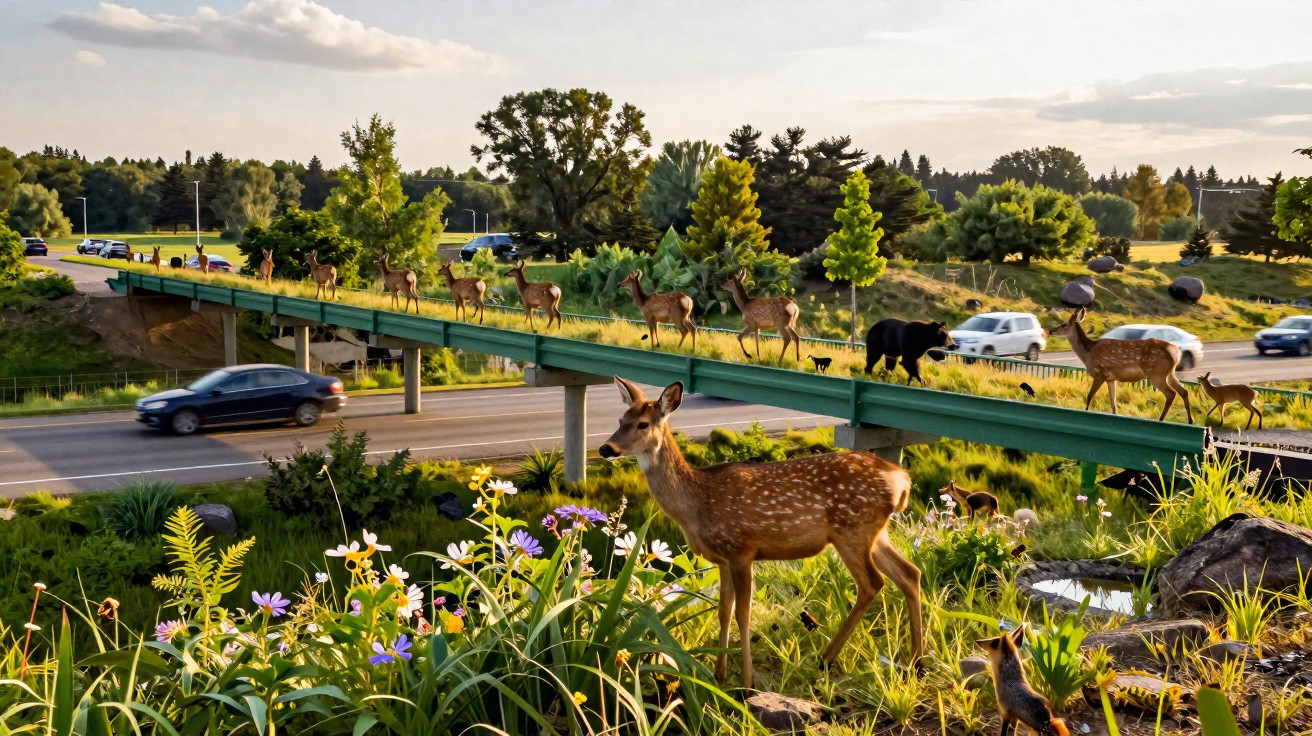 Deer and a black bear crossing a green wildlife overpass above a busy highway with flowers in the foreground.