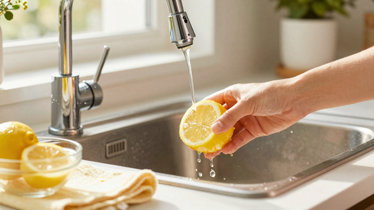 Hand rinsing a lemon half under running kitchen tap water above a stainless steel sink.