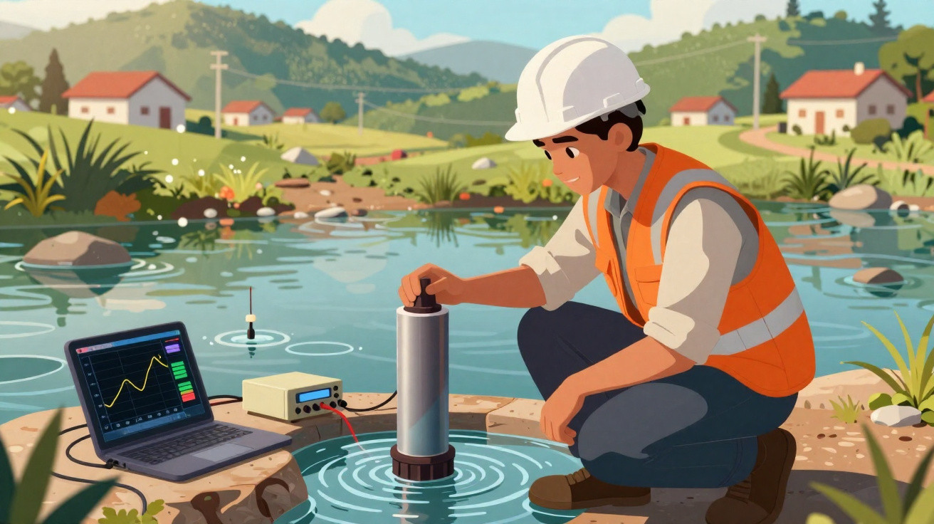 Engineer in safety gear testing water quality with electronic equipment by a pond in a rural landscape.
