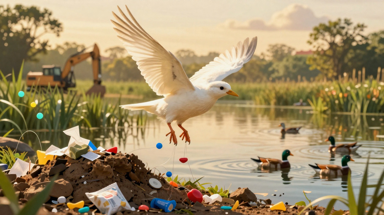 White bird taking flight near a lake with ducks, litter, and a digger in the background at sunset.