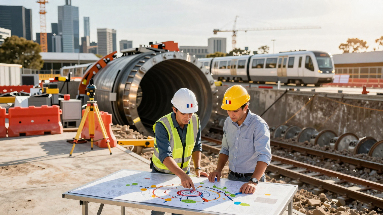 Two engineers in hard hats reviewing plans by railway tracks with a train and tunnel construction in the background.