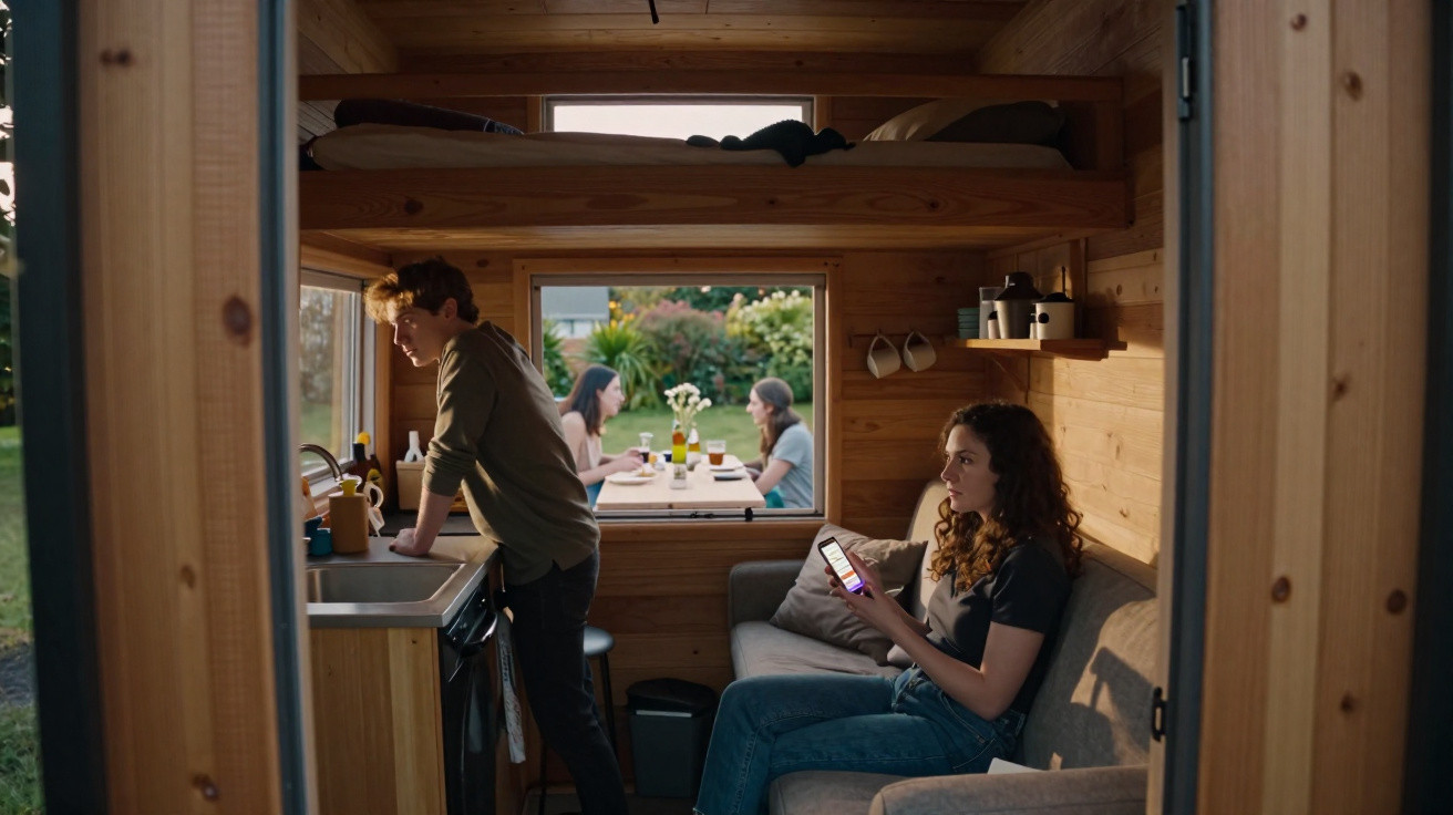 Two people inside a wooden tiny house with two others visible through a window having drinks outside.