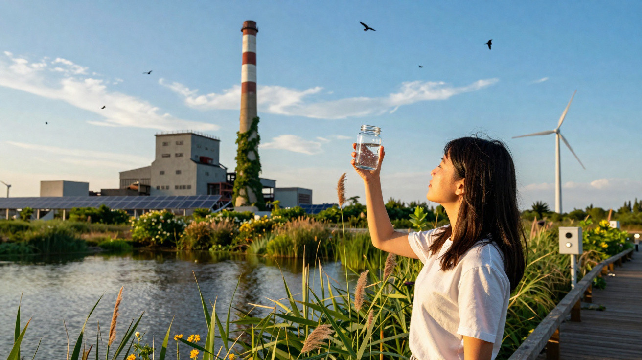 Woman holding a jar of water by a pond with a factory, wind turbine, and birds in the background at sunset.
