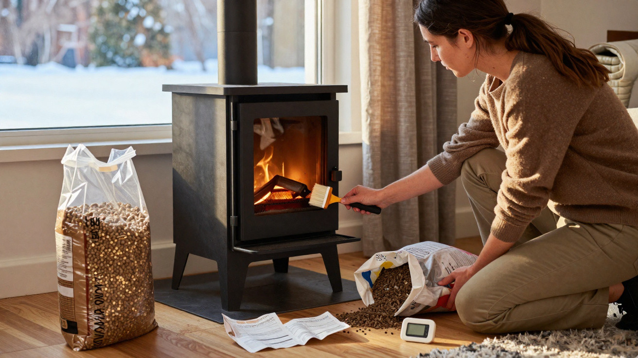 Woman cleaning a wood-burning stove with a brush, pellets spilled on the floor beside her in a cosy room.