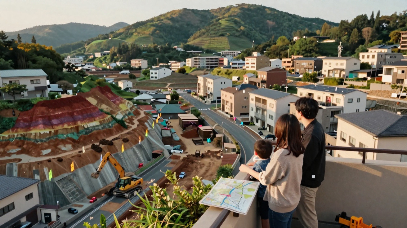 Family of three overlooking a residential area with hillside construction and green mountains in the background.