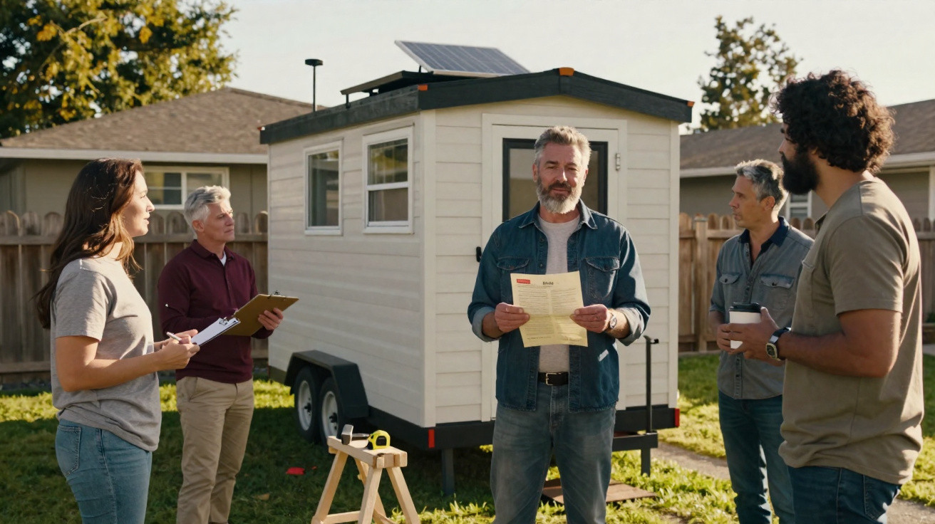 Group of five adults discussing plans outdoors in front of a small mobile cabin with a solar panel on the roof.