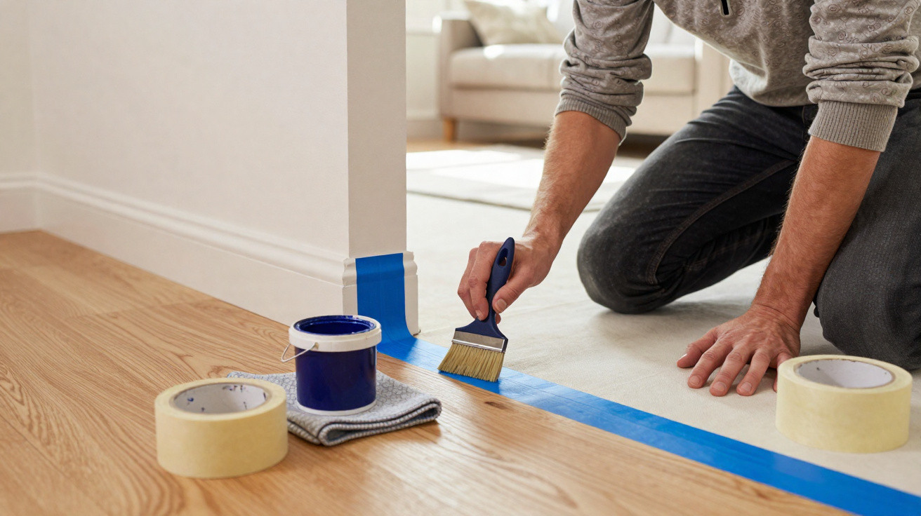 Person applying blue painter's tape on floor edge near carpet and wooden flooring in a bright room.