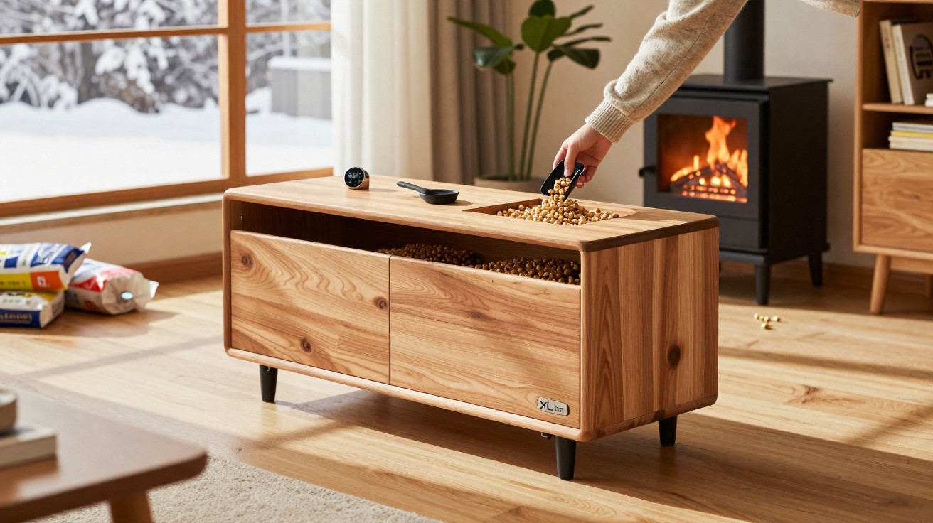Wooden pet feeder filled with kibble beside a burning stove in a cosy living room with snowy windows.