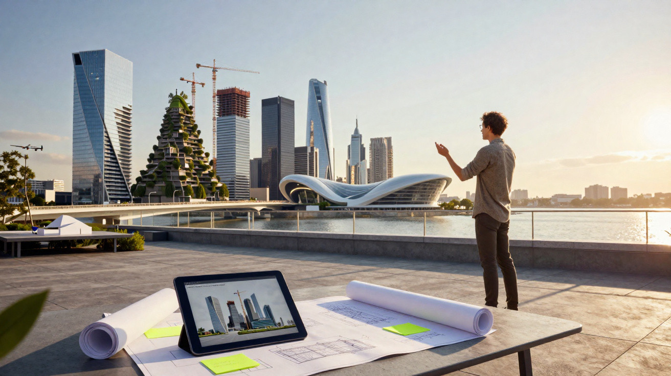 Architect standing on terrace overlooking futuristic cityscape with architectural plans and tablet on table in foreground.