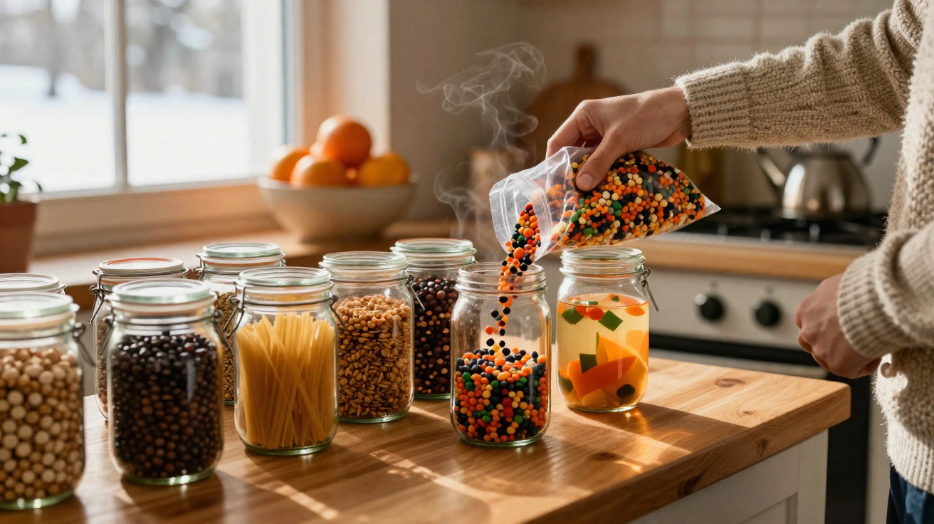 Person pouring multicoloured dried beans into a glass jar on a kitchen counter with jars of food lined up.