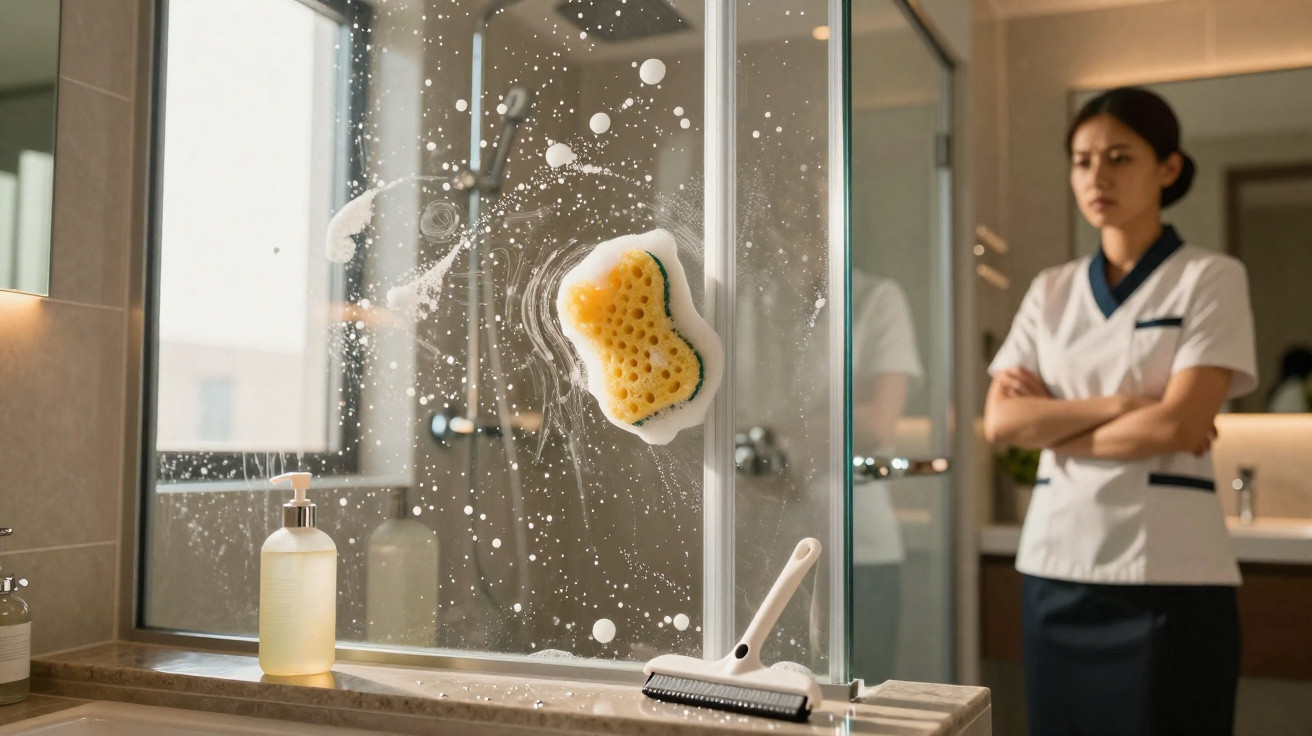 Soapy sponge cleaning a glass shower door with a woman in uniform watching in the background