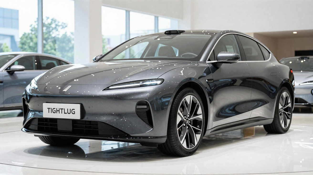 Sleek grey electric sedan with aerodynamic design displayed indoors on a shiny white floor.