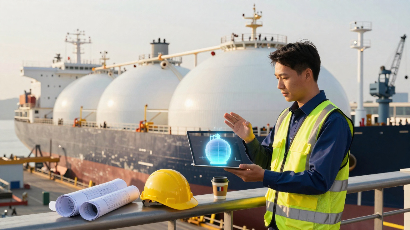 Engineer in high-visibility vest holding tablet showing hologram of a gas storage tank by a large LNG carrier ship.