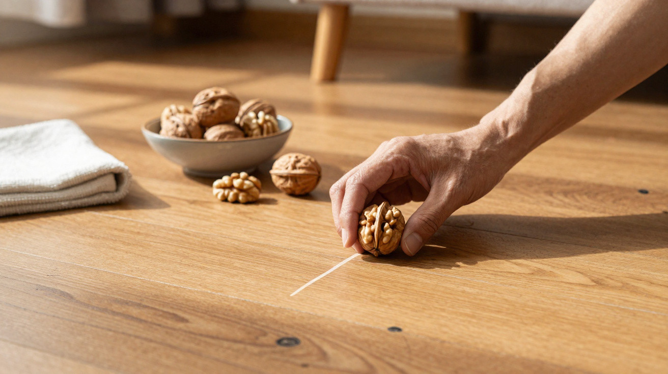 Hand placing half a walnut on a wooden floor with a bowl of walnuts and a folded cloth nearby.