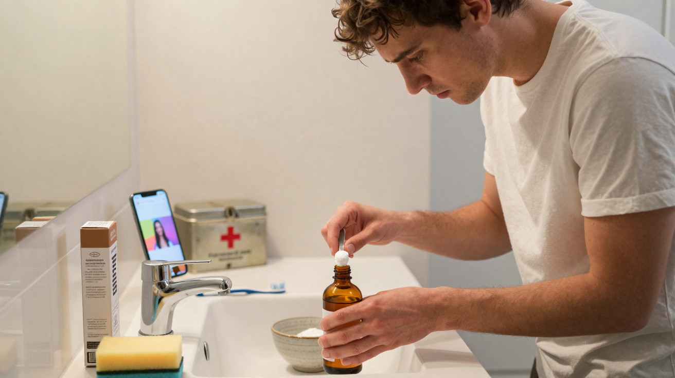 Man in white t-shirt using a dropper bottle in a bathroom with phone propped up by the sink mirror.