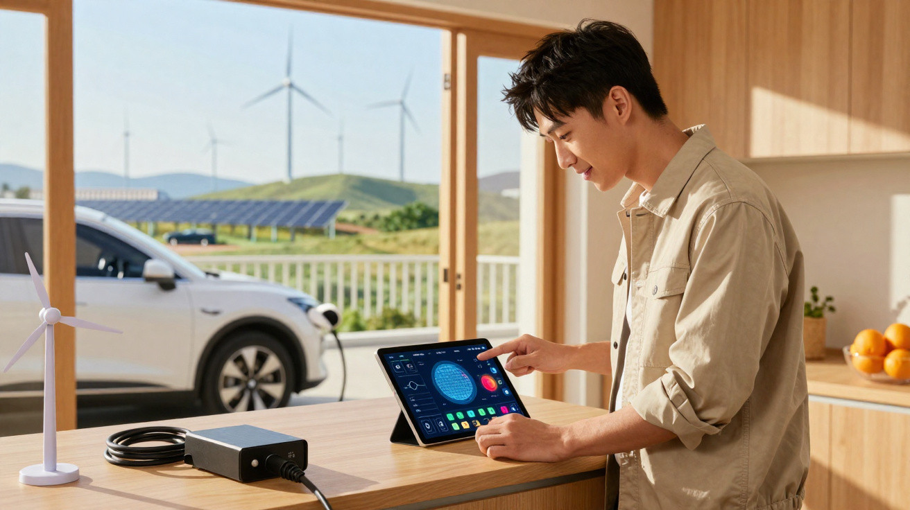 Man using tablet in kitchen, with electric car, wind turbines and solar panels visible outside window.