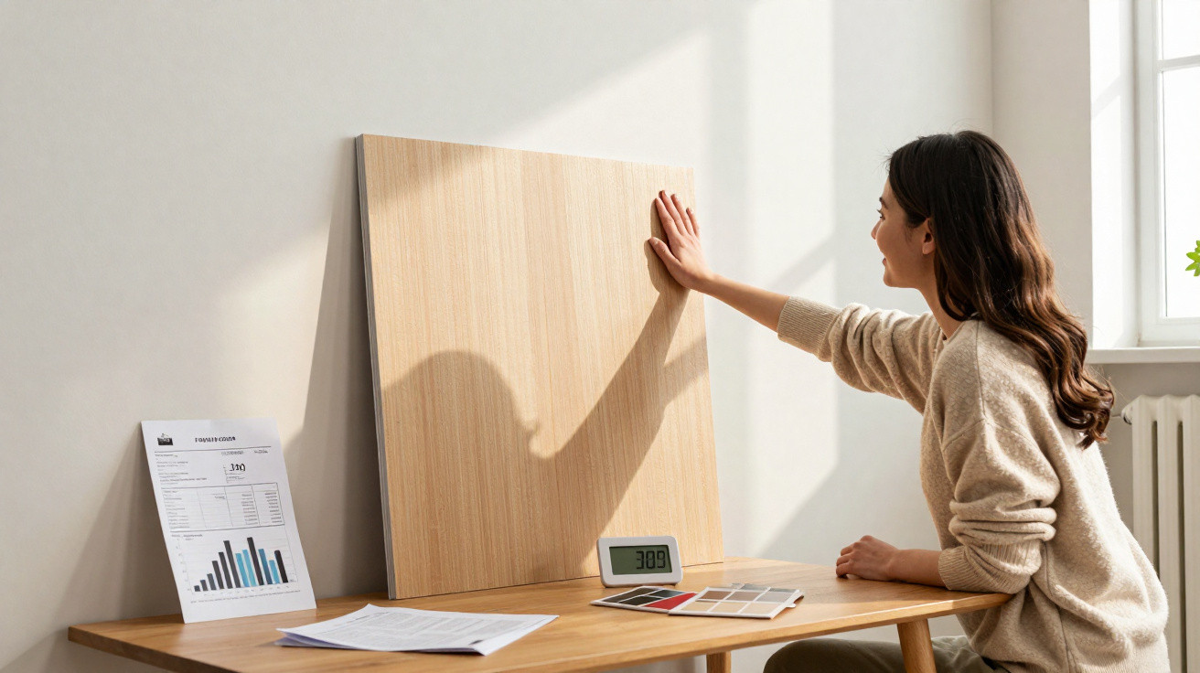 Woman touching a wooden board on a desk with colour swatches, documents, and a digital clock at 3:09.