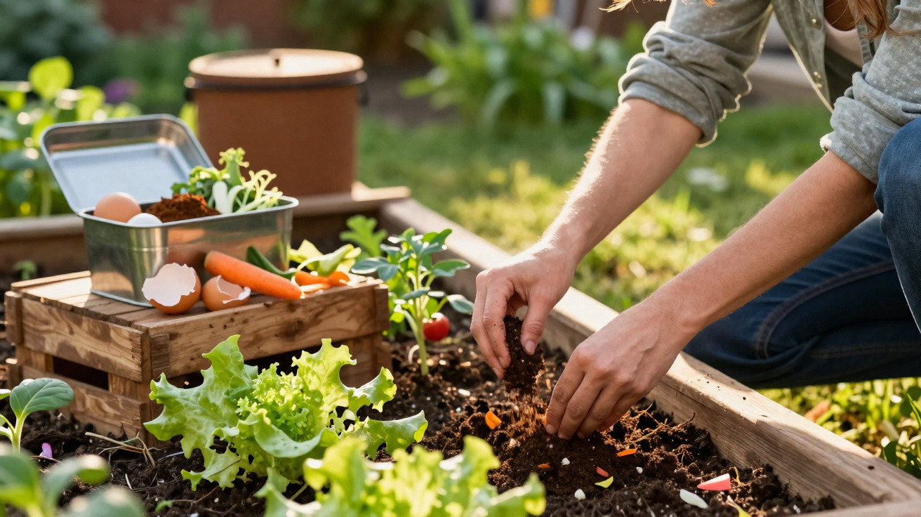 Person planting seeds in a raised garden bed surrounded by vegetables and gardening tools in daylight.