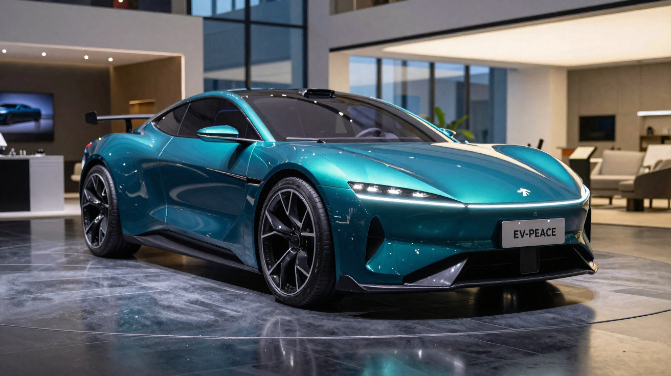 Sleek turquoise electric sports car displayed indoors with modern architecture and furniture background.