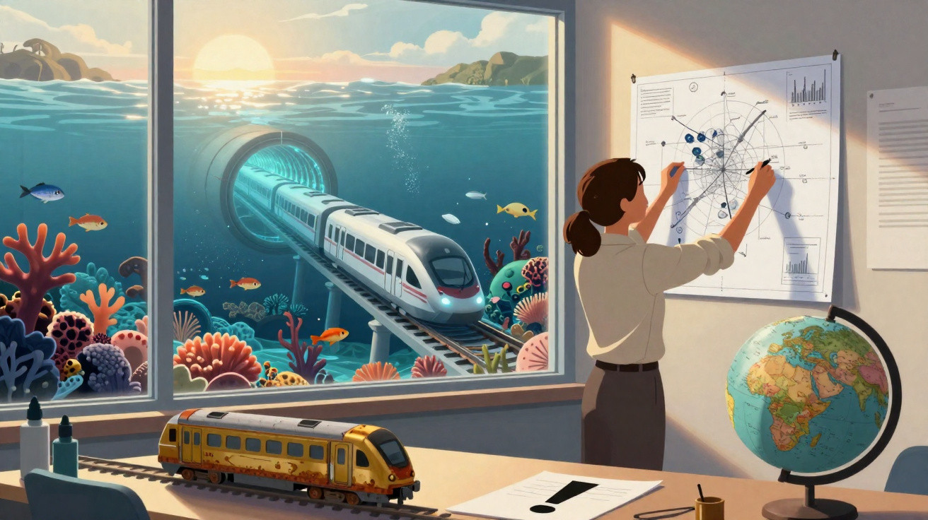 Woman analysing network chart in office with underwater scene of train emerging from tunnel outside window.