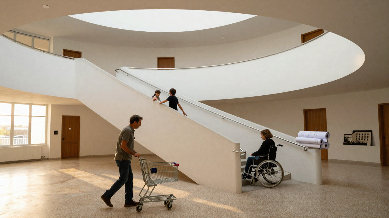 Interior of a modern building with a wheelchair user facing a ramp and a man pushing a shopping trolley nearby.