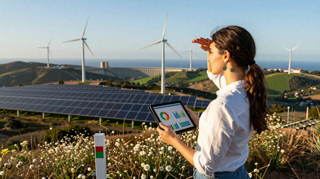 Woman holding tablet analysing data at a renewable energy farm with solar panels and wind turbines in the background