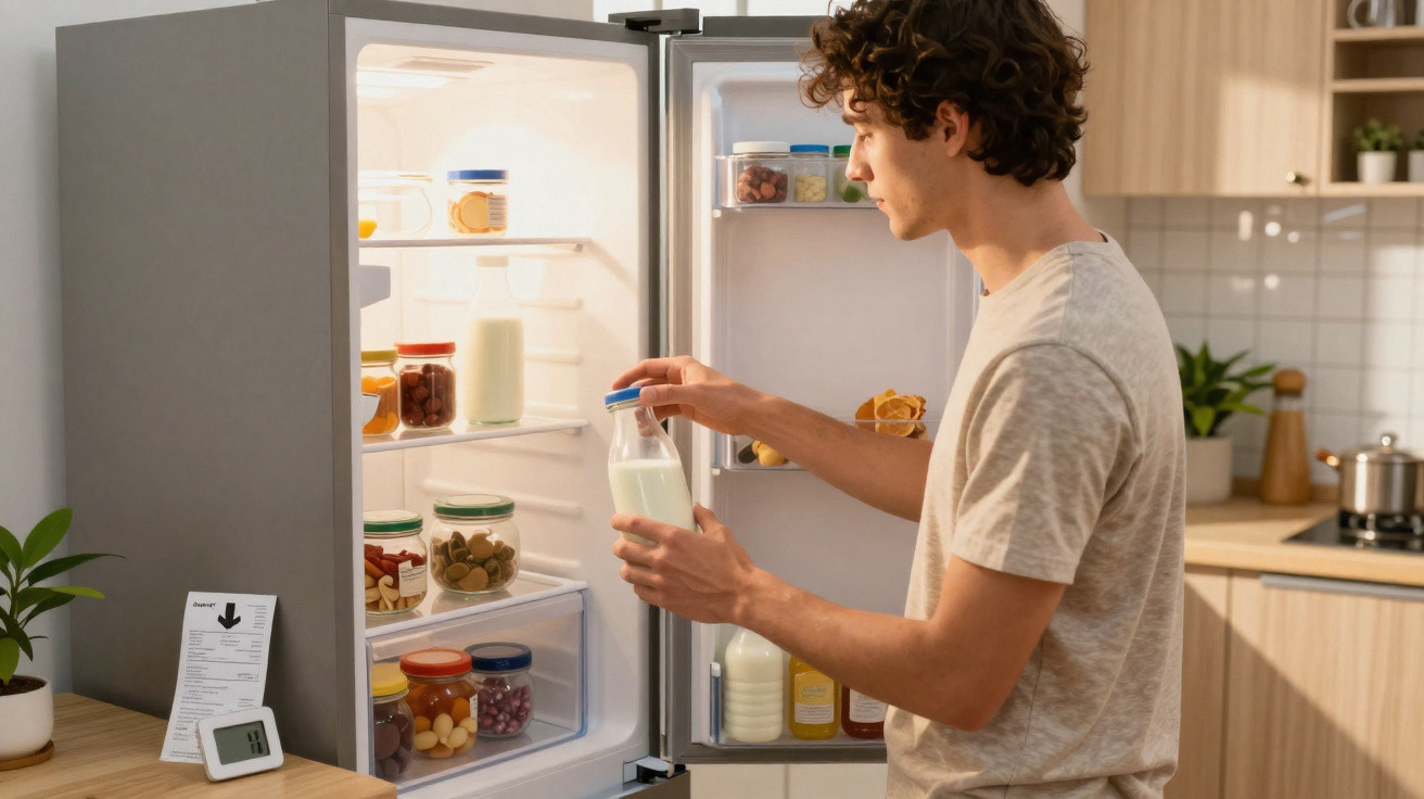Young man taking a bottle of milk from an open fridge in a modern kitchen.