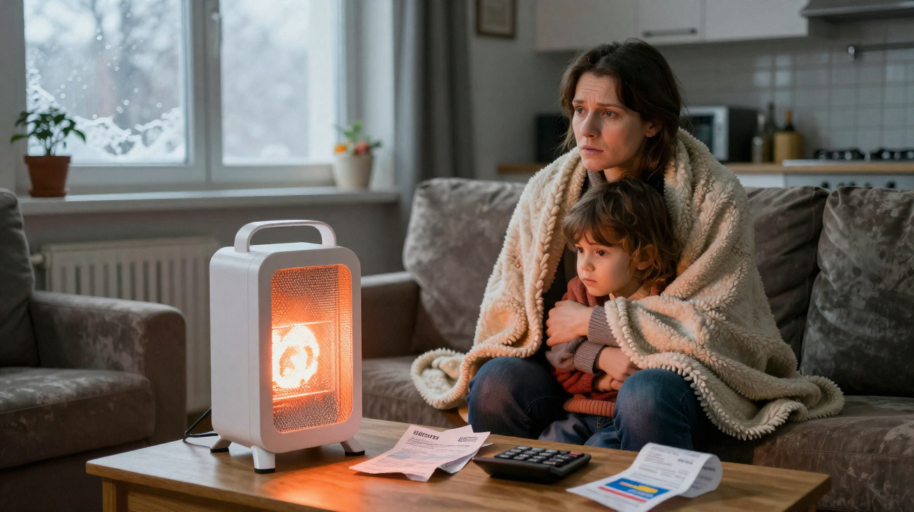 Worried woman and child wrapped in blanket sitting by heater with bills on table in living room.